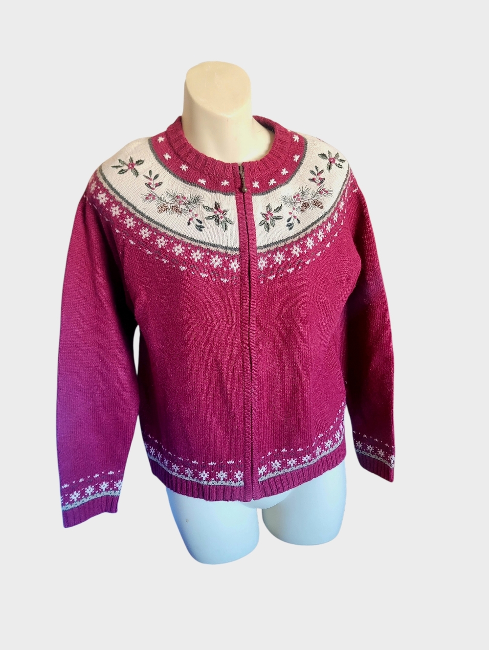 Coldwater Creek Wool Sweater Nordic Fair Isle Zip Cardigan Red Floral Embroid